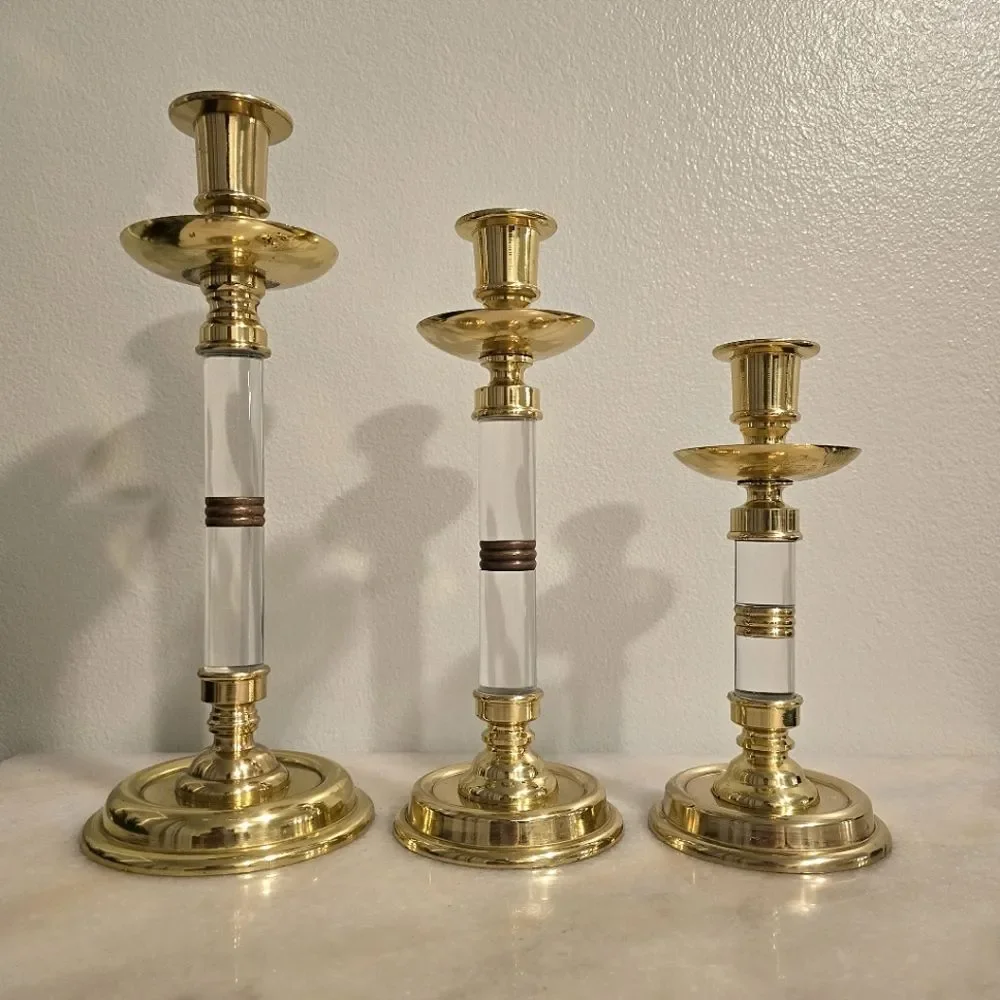 Ethan Allen Vintage MCM Brass & Lucite Candlestick Holders Set of 3
